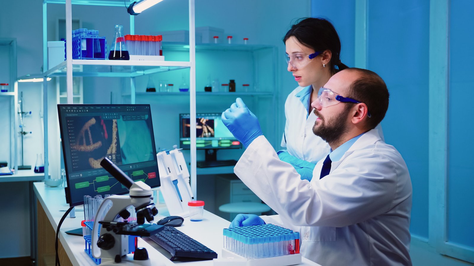 Chemist Nurse Holding Test Tubes Bringing Doctor Conducting Dna Experiment Discussing About Medical Treatment Working Overtime Scaled