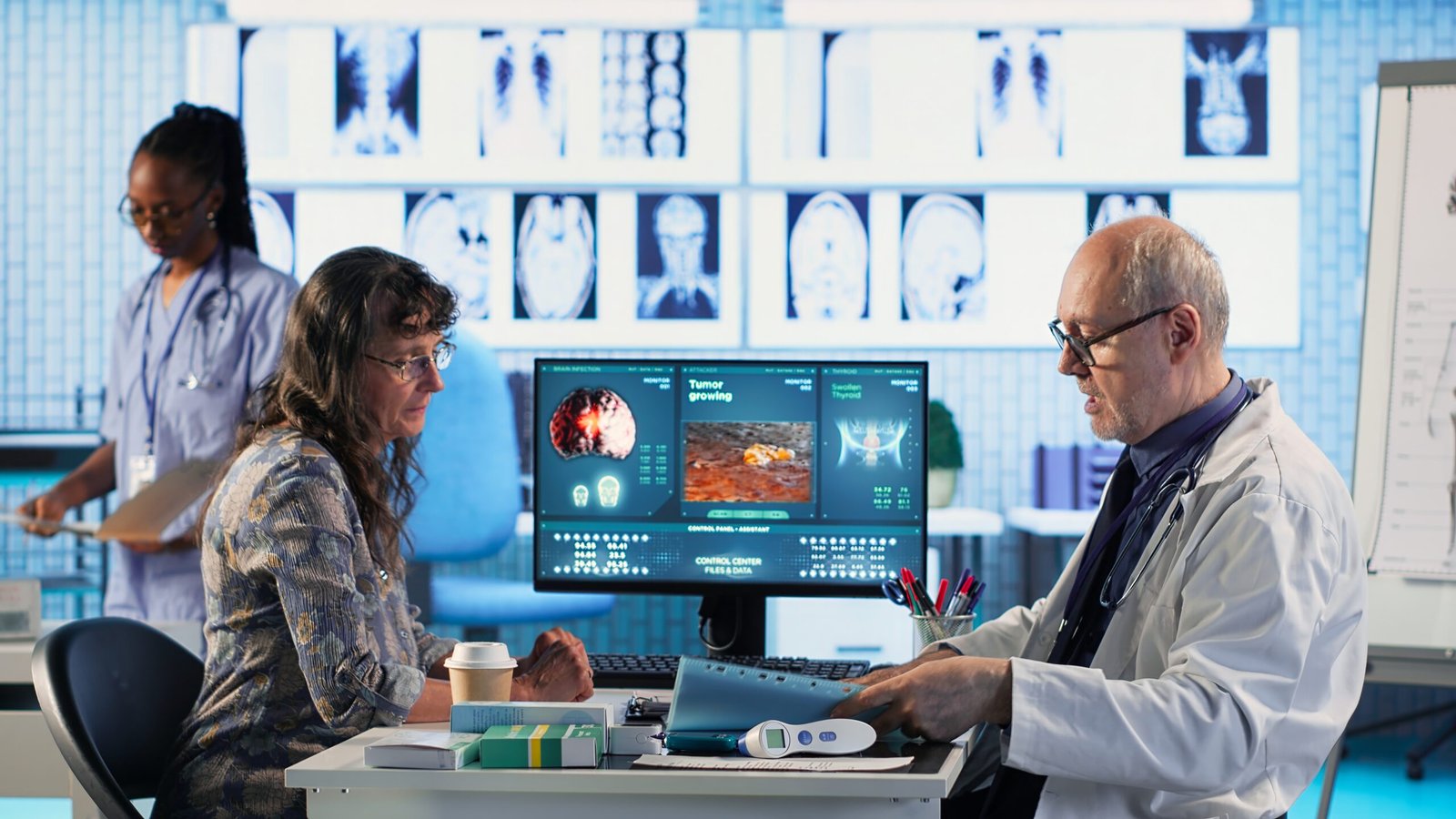 Old Specialist Meeting With Woman Patient Discuss Results Cabinet Scaled